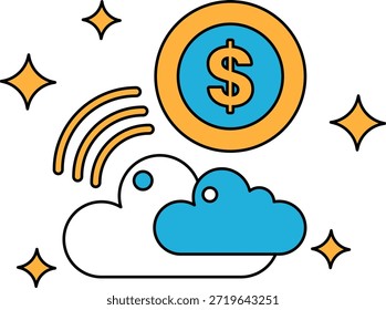 Se dibuja un signo de dólar en medio de una nube. El signo del dólar está rodeado por un arco iris, que también se dibuja en medio de la nube. Concepto de esperanza y positividad