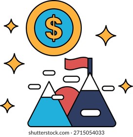 A dollar sign is drawn in the middle of a mountain range. The dollar sign is surrounded by a flag and a star. Concept of wealth and success, as well as the importance of hard work and determination