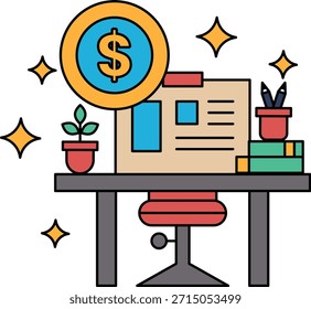 Ein Dollarzeichen ist auf einem Tisch mit einem Stuhl und einer Topfpflanze gezeichnet. Das Dollarzeichen ist von einem Kreis umgeben, und der Tisch ist mit Büchern bedeckt