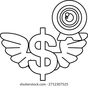 Ein Dollarzeichen ist mit Flügeln und einer Kamera gezeichnet. Das Dollarzeichen ist von Flügeln umgeben, die dem Bild ein Gefühl von Freiheit und Möglichkeit geben