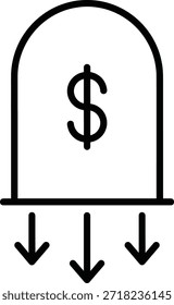 Sinal de dólar entre uma seta apontando para baixo, simbolizando um declínio ou diminuição no valor financeiro ou status. As três setas para baixo sob o sinal de dólar enfatizam a tendência de queda ou perda. EPS-10.