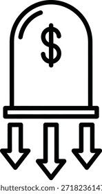 Sinal de dólar entre uma seta apontando para baixo, simbolizando um declínio ou diminuição no valor financeiro ou status. As três setas para baixo sob o sinal de dólar enfatizam a tendência de queda ou perda. EPS-10.