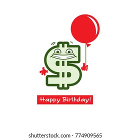 Dollar sign with face. Concept of congratulations - icon with a cheerful holiday character. Cute emoticon; smiley on money and Birthday theme.
Vector illustration on white background.