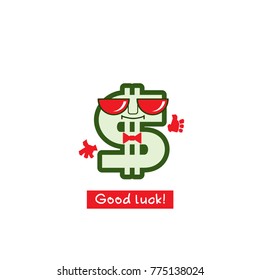 Dollar sign with face. Concept - icon with a cheerful character. Cute emoticon; smiley on money and good luck, success theme.
Vector illustration on white background.