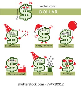Dollar sign with face. Icon set of funny cartoon festive characters - New Year, Birthday, love. Cute emoticon; smiley on money theme.
Vector illustration on white background.