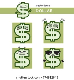 Dollar sign with face, icon set of funny cartoon characters. Cute emoticon; smiley on money topic.
Vector illustration on white background.