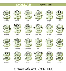 Dollar sign with face, icon set of funny cartoon characters - happy, smile, love. Cute emoticon; smiley on money theme.
Vector illustration on white background.