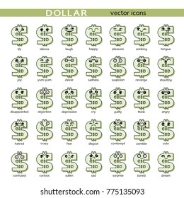 Dollar sign with face, icon set of funny cartoon characters - happy, smile, love. Cute emoticon; smiley on money topic.
Vector illustration on white background.