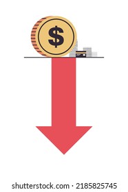 Dollar sign falling down and financial crisis bankruptcy with downward red arrow recession concept flat vector illustration.