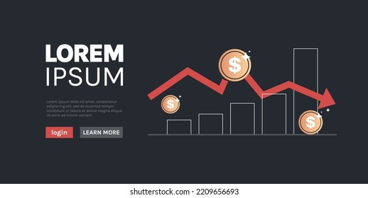 Dollar sign falling down and financial crisis bankruptcy horizontal full length flat vector illustration.