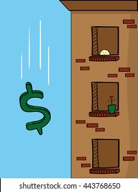 Dollar sign falling past the windows of an apartment block as a metaphor for the USA economy