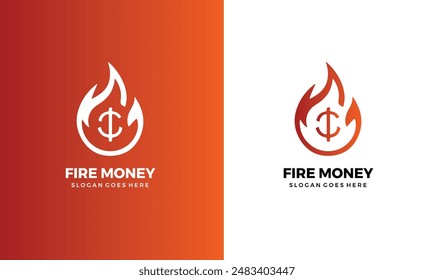 Signo del dólar con el diseño del logotipo del icono del fuego. Plantilla de diseño de logotipo de dólar de fuego.	