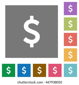 Dollar sign flat icon set on color square background.