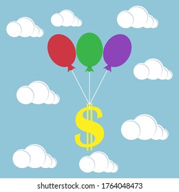 Dollar sign flies with balloons and clouds in the sky. Vector illustration.