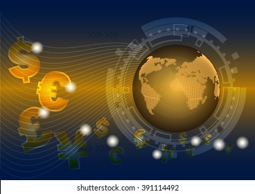Dollar sign flow in to globe, abstract background.