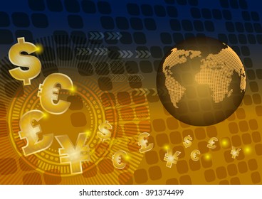 Dollar sign flow in to globe, abstract background.