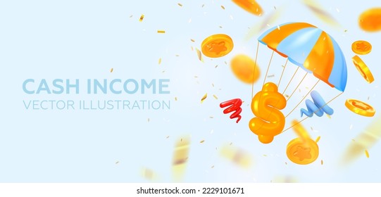 The dollar sign is flying on an air balloon. Falling coins. The concept of getting money or getting rid of debt. Vector illustration.