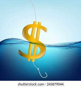 dollar sign in the form of a float and a fishing hook