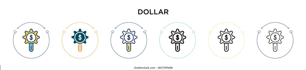 Dollar sign in gear configuration tool icon in filled, thin line, outline and stroke style. Vector illustration of two colored and black dollar sign in gear configuration tool vector icons designs