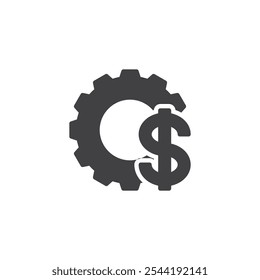 Signo de dólar e ícono de Vector de engranajes. Signo plano lleno para concepto móvil y Diseño web. Engranaje con icono de glifo de símbolo de dólar. Configuración financiera, símbolo de presupuesto, ilustración de logotipo. Gráficos de Vector