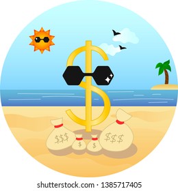 Dollar Sign In Glare Glasses And With Money Bags On The Beach With The Background Of The Sea, Sky, Palm Tree, Birds And The Sun In The Same Glasses — In A Round Frame Vector