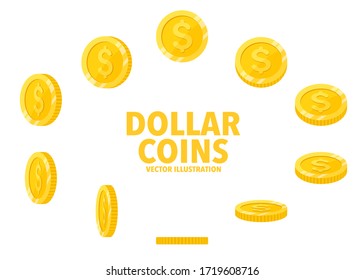 Dollar sign gold coin isolated on white background, set of flat icon of coin with symbol at different angles.