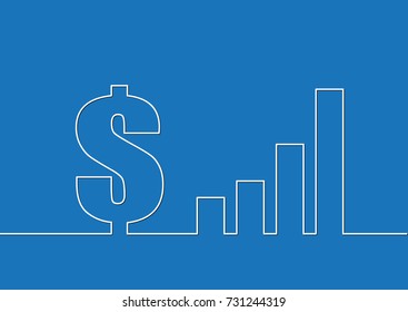 Dollar sign and graph. Continuous line drawing.