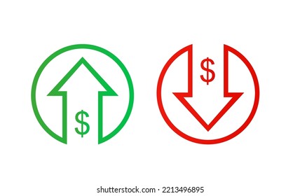 Dollar Sign With Green Arrow Up And Red Down, Price Or Income Vector Icon Isolated On White Background. Vector Illustration