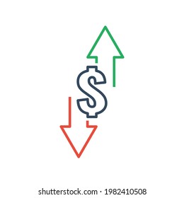 dollar sign with green up and red down arrows, thin line vector icon
