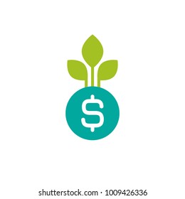 Dollar Sign And Growing Sprout With Green Leaves. Vector Icon. Income Growth Flat Icon. Isolated On White. Economy, Finance, Money Symbol. Currency Pictogram. 