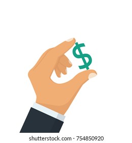 Dollar sign in hand. Vector illustration flat design. Isolated on white background. Template for financial projects. Isolated on white background. Holding money in hand.