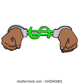 Dollar Sign Handcuffed. Metal bracelets on the hands.