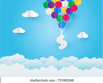 Dollar sign hanging with colorful balloon, business and finance concept.paper art style.