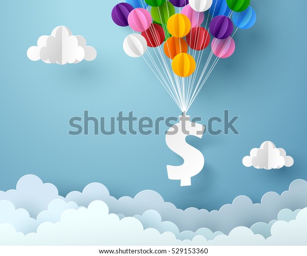 Dollar\
sign hanging with colorful balloon, business and finance concept\
and paper art idea, vector art and\
illustration.