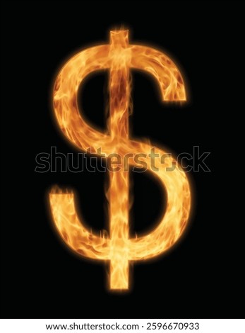 Dollar sign icon burning in fire flames, vector illustration isolated on black background
