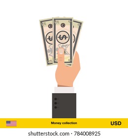 Dollar sign icon in hand three banknote art new big best illustration isolated cash