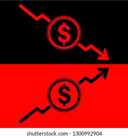 Dollar sign icon and incremental and declination arrow for business,  investment, salary, income, revenue, profit, cost, ebitda, patami, stock market and wealth