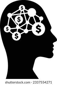 A dollar sign icon on a human profile face with a brain chip implant for Artificial Intelligence finance illustration in glyph pictograms.