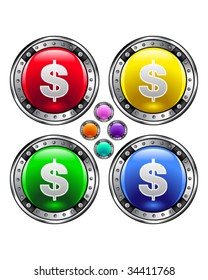Dollar sign icon on round colorful vector buttons suitable for use on websites, in print materials or in advertisements.  Set includes red, yellow, green, and blue versions.