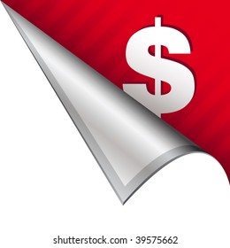 Dollar sign icon on vector peeled corner tab suitable for use in print, on websites, or in advertising materials.