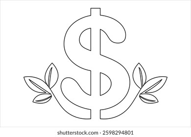 Dollar sign icon one line drawing and isolated continuous outline vector illustration