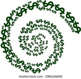 Dollar-Schild Symbol Spiralmosaik. Dollar-Schilder sind in ein Whirlpool-Design-Konzept eingeordnet. Abstrakter Whirlpool, der aus verstreuten Symbolen für Dollarzeichen erstellt wurde.