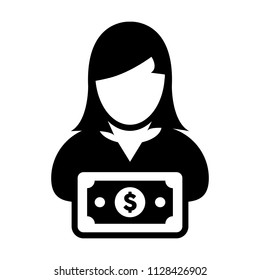 Dollar sign icon vector female user person profile avatar with currency symbol for banking and finance business in flat color glyph pictogram illustration