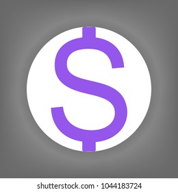 Dollar sign icon. Vector. Violet icon on white circle with shadow at gray background.