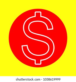 Dollar sign icon. Vector. White flat icon inside red circle at yellow background. Isolated.