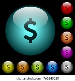 Dollar sign icons in color illuminated spherical glass buttons on black background. Can be used to black or dark templates