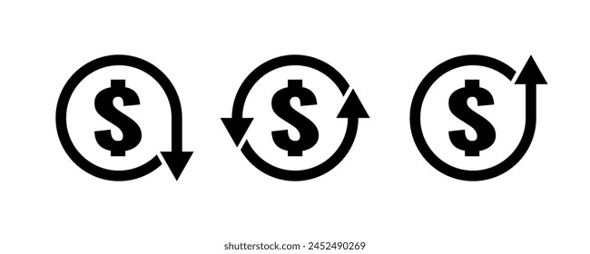 iconos de signo de dólar configurados con flechas arriba y abajo, tendencias del tipo de cambio, inflación o progreso de costos