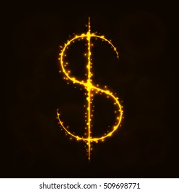 Dollar Sign Illustration Icon, Lights Silhouette on Dark Background. Glowing Lines and Points