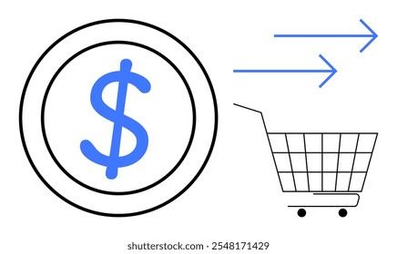 A dollar sign inside a circle, arrows pointing right, and a shopping cart outline. Ideal for e-commerce, online shopping, finance, retail marketing, business trends. Simple and modern style