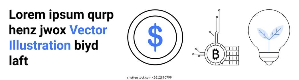 Dollar sign inside a circle, Bitcoin with circuit board, and light bulb with leaf. Ideal for fintech, blockchain, innovation, startup, investment, energy, technology themes. Landing page